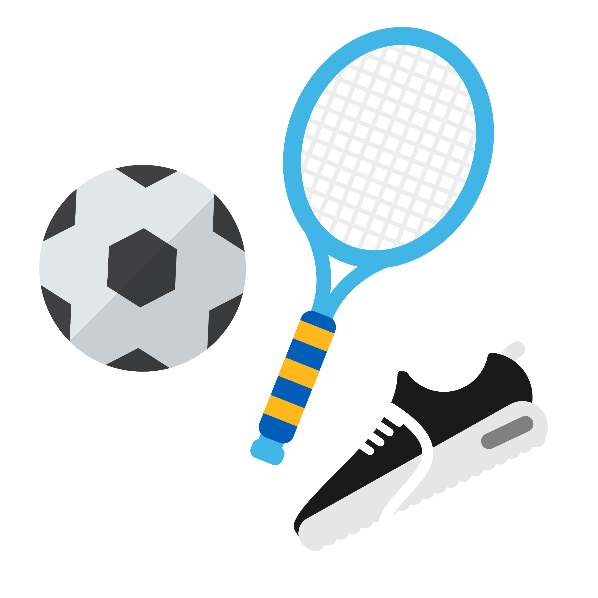 Illustration of tennis racket, football and trainer