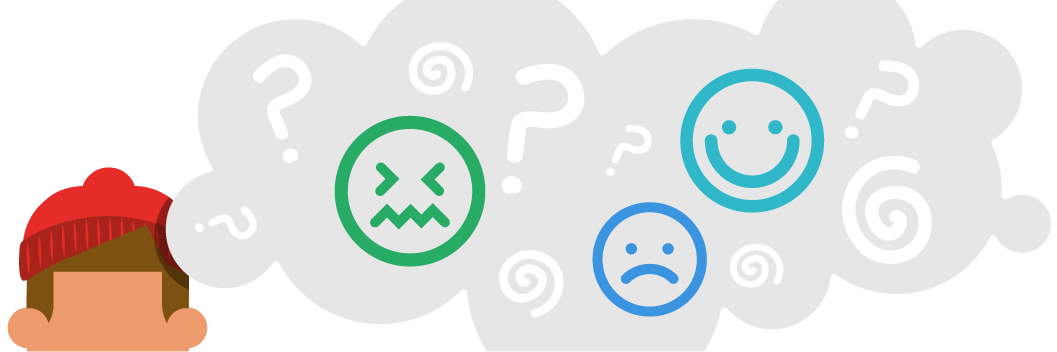 Illustration of young person with a thought bubble full of different emoticons and question marks