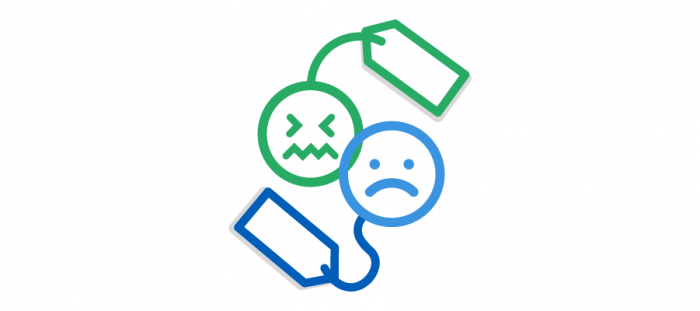 Illustration of labels with a sad face and a happy face attached