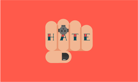 Illustration of hand tattooed with the word hate