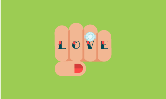 Illustration of hand tattooed with the word love