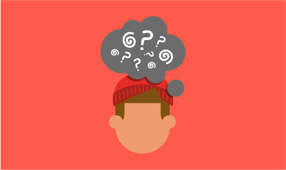 Illustration of young person with thought bubble above their head filled with question marks