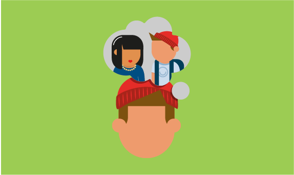 Illustration of young person with thought bubble above their head filled with people talking