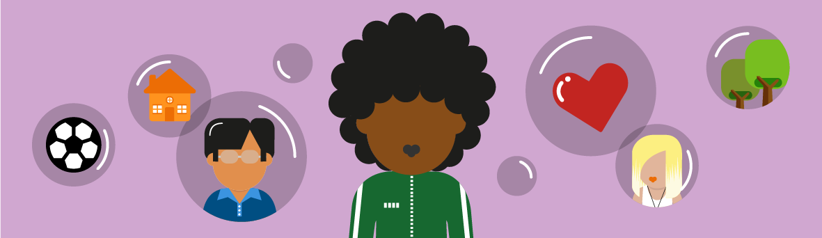 Illustration of young person surrounded by different thought bubbles filled with icons