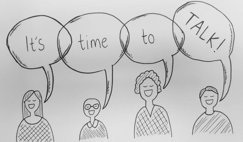 Pencil sketch of four people with speech bubbles that say 'It's time to talk!'