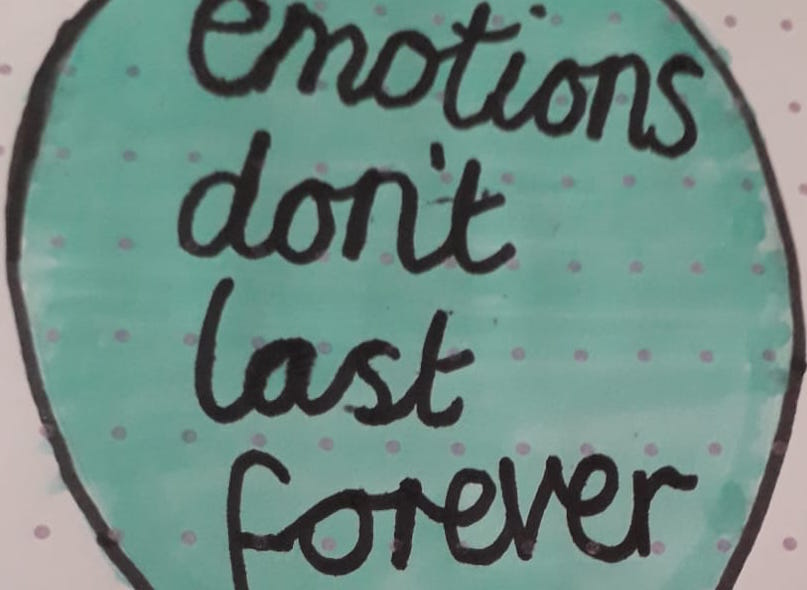 hand drawing with the words emotions don't last forever inside a blue balloon