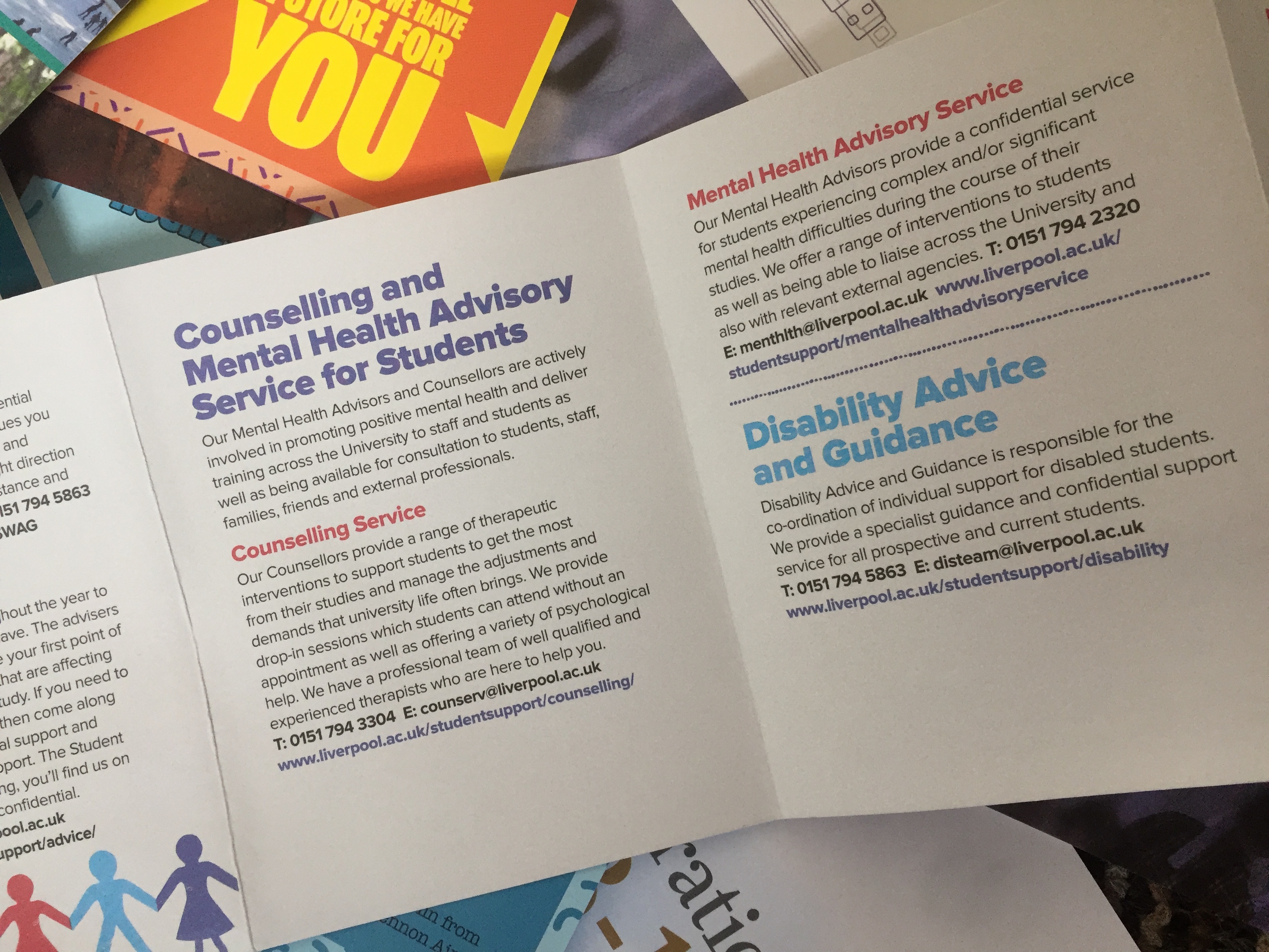 Brochure for university students to advertise counselling services and disability advice