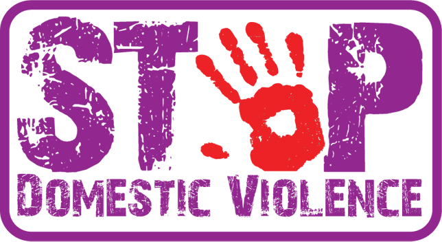 Text saying STOP DOMESTIC VIOLENCE with red handprint