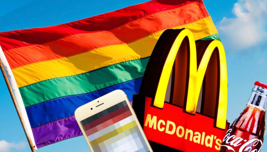 Blue sky with a picture of the Pride flag, McDonald's logo, Coca Cola glass bottle and iPhone with screen blurred