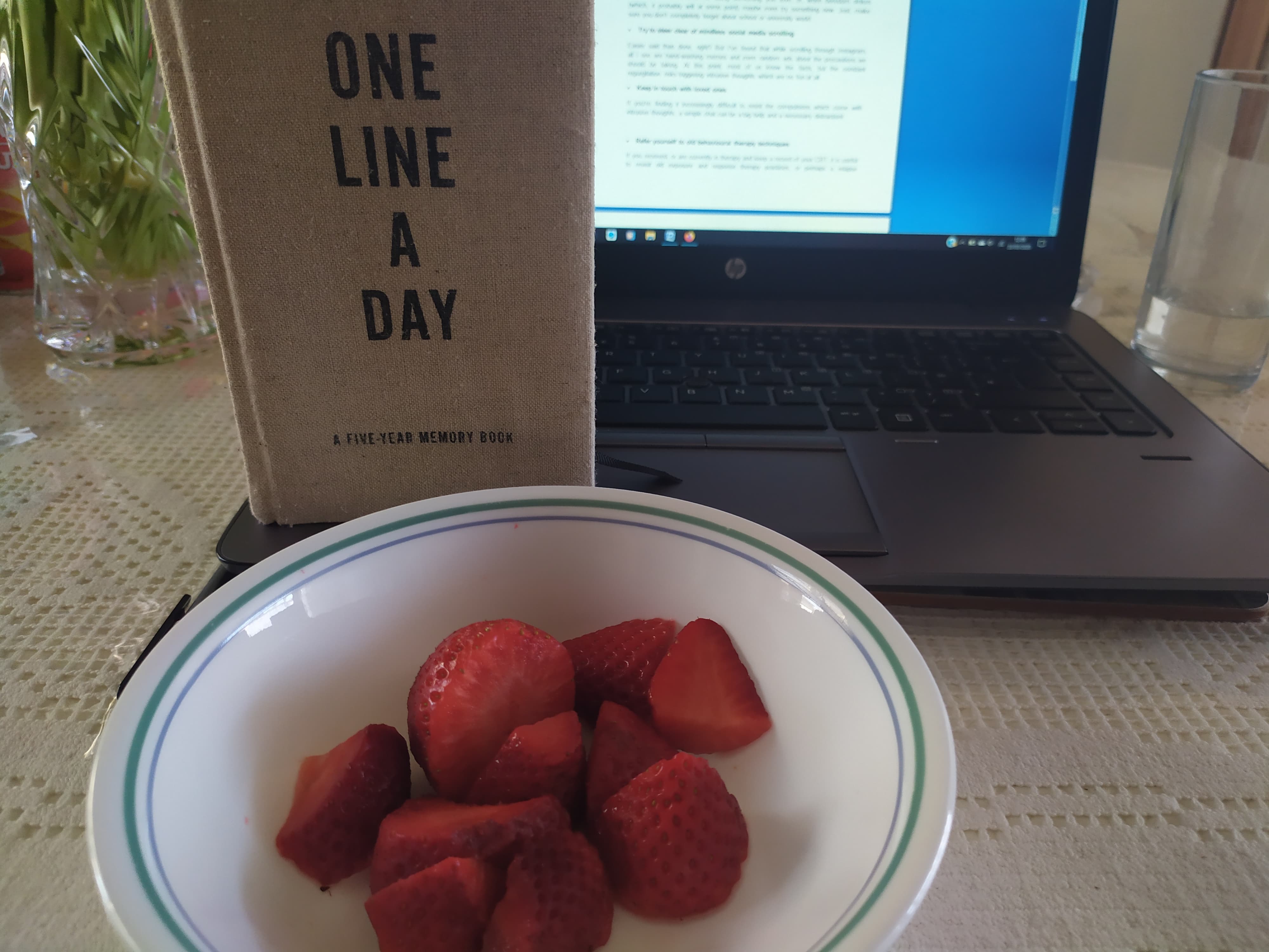 laptop, strawberries and a book that says 'one line a day' on the cover