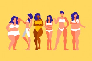 Funky illustration of women of all shapes and sizes in their knickers and bras. They look relaxed.