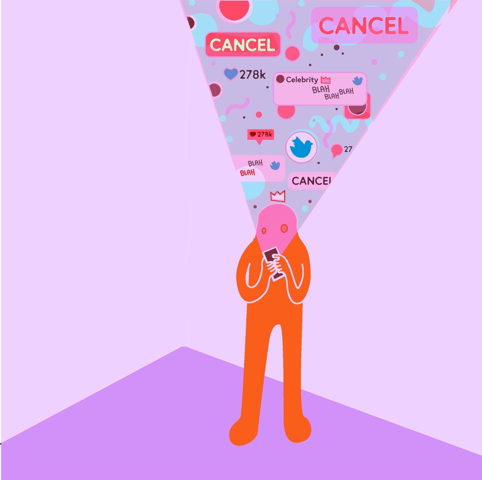 Abstract person illustration on its phone, with the words cancel in bubble above its head