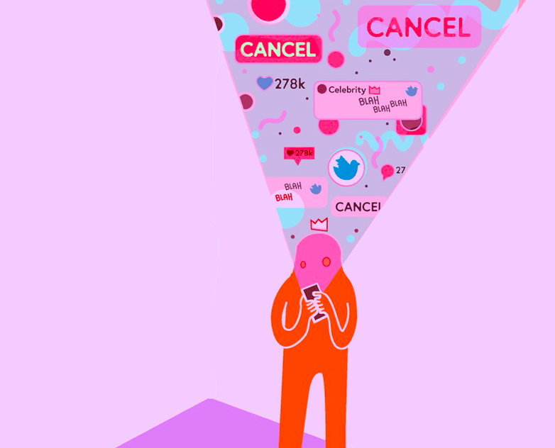 Figure with mobile phone notifications with the words about cancel culture